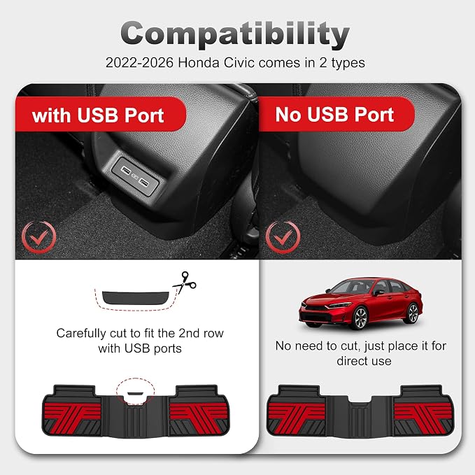 Floor Mats Fit for Honda Civic 2022-2025 2026 Sedan Hatchback Si (Include Sport), with&w/o USB Port | for Acura Integra 2023-2026, All Weather Car Floor Liners, Black & Red (Not for Hybrid)