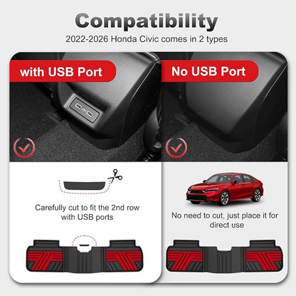 Floor Mats Fit for Honda Civic 2022-2025 2026 Sedan Hatchback Si (Include Sport), with&w/o USB Port | for Acura Integra 2023-2026, All Weather Car Floor Liners, Black & Red (Not for Hybrid)