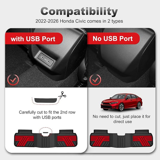 Floor Mats Fit for Honda Civic 2022-2025 2026 Sedan Hatchback Si (Include Sport), with&w/o USB Port | for Acura Integra 2023-2026, All Weather Car Floor Liners, Black & Red (Not for Hybrid)