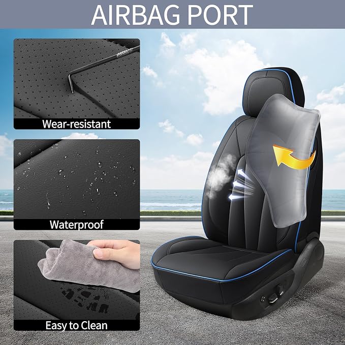 Car Seat Covers Full Set, Leather Seat Covers for Cars, Waterproof Car Seat Protector,Non-Slip Car Interior Covers ，Automotive Seat Covers for Most Cars SUVs, Blue Black