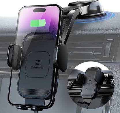 ZeeHoo Wireless Car Charger, 15w Fast Charging, Auto Clamping Car Phone Mount, Cell Phone Holder Charger, for iphone17 16 15 14 13 12 11 Pro Max Xs, Etc. (Black)