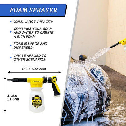 Foam Gun Car Wash Sprayer + Washing Sponge & Absorbent Towel, Hose Nozzle Foam Cannon Car Washing Kit, for Garden Cleaning, Pet Showering (Yellow)
