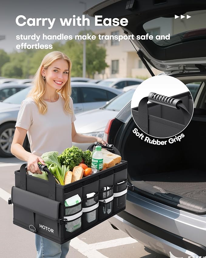 HOTOR Car Trunk Organizer - Foldable Trunk Organizer for SUV, Car Storage with Reflective Strips & Securing Cover, Large Capacity Car Accessories for Truck, Van & Sedan, Black, 24.4" x 13.8" x 11.0"