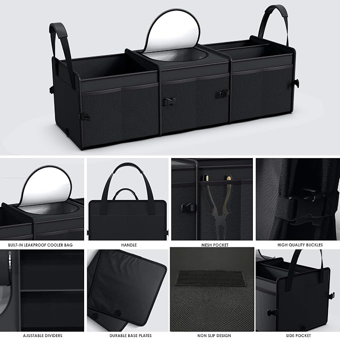 Trunk Organizer, 95L Capacity SUV Trunk Organizer with Cooler, 3 Compartments Heavy Duty Collapsible Car Storage Organizer for Truck, Van
