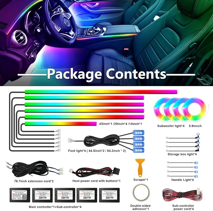 Dreamcolor Acrylic Car Interior Led Kit, Car Accessories 22 in 1 RGB Car Ambient Lighting Kits with APP Control and 213 Color Modes, Multicolor RGBW Neon Car LED Strip Lights with Music Mode