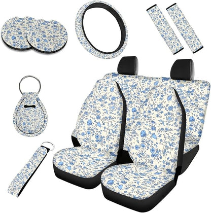 Ditsy Flower Car Seat Covers Set of 10, Universal Blue Spring Wildflower Car Interior Accessories, Rural Flowers Seatbelt Covers Polyester Front Seat Rear Seat Cover