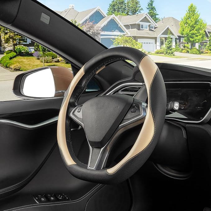 SEG Direct D Shaped Steering Wheel Cover, Flat Bottom Car Wheel Cover 14 1/2-15 in. (37-39 cm), Black and Beige Microfiber Leather