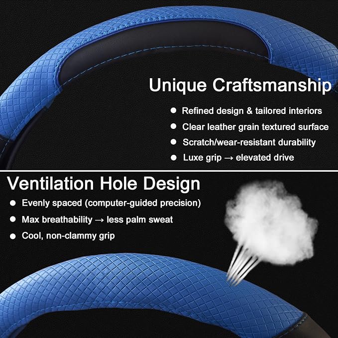 Steering Wheel Cover for Dodge RAM 1500, 2500, 3500 - Premium Microfiber Leather Auto Car Accessory with Non-Slip Grip, Rugged Durability & Interior Upgrade, 15.5-16 inch (Blue-Large Size)