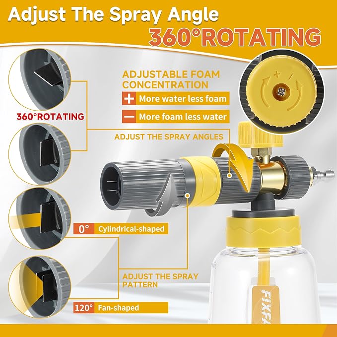 FIXFANS Foam Cannon Gun Dual Connector Accessory for Pressure Washer, Double Tip Attachment Soap Cannon with Power Washer Short Gun, Car Wash Foam Gun Kit, 1/4" Quick Connect, 5 Nozzle Tips