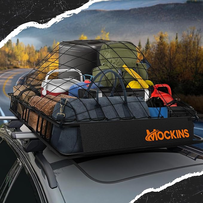 Mockins 50"x36"x4.5" Extendable Car & SUV Rooftop Cargo Carrier 250Lbs Cap | Heavy Duty Roof Rack Basket | Car Topper Luggage Carrier Waterproof & All-Weather Steel Set with Ratchet Straps & Cargo Net