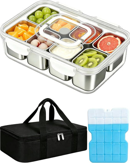 Snackle Box Container, Stainless Steel Divided Serving Tray with Lid and Handle,Large Snack Tray for Fruit Veggie, 8-Compartment Snack Platter for Travel Party Beach Picnic,with Ice Pack(Silver White)