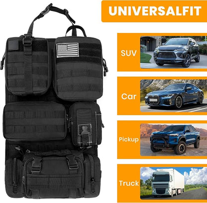 6 Pack Tactical MOLLE Car Seat Back Organizer - Universal Vehicle Storage Bag with 5 Detachable MOLLE Pouches, US Flag Patch & Keychain, Fits Jeep, Truck, SUV, Car (Black)