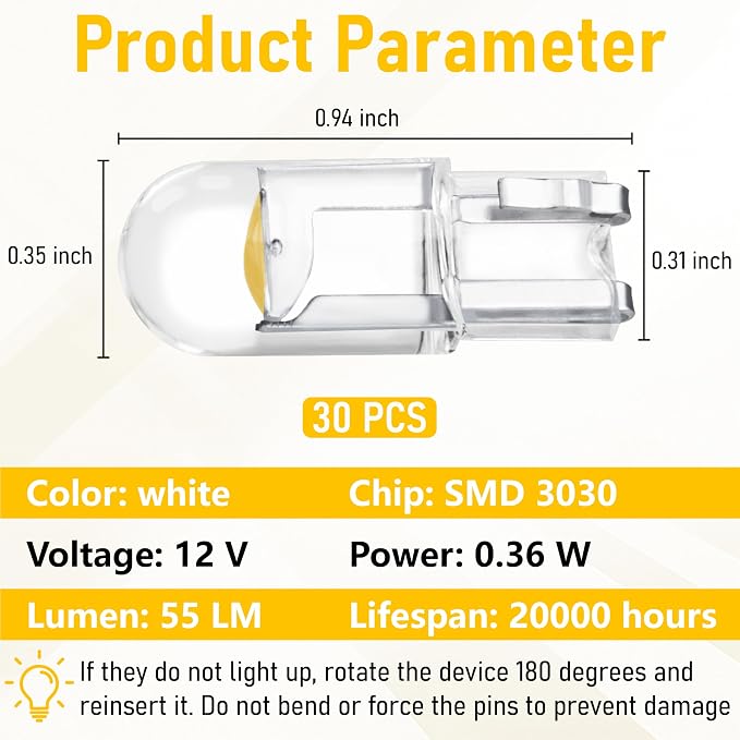 ecocstm 30 PCS Car 194 LED Bulbs, 168 2825 W5W T10 Wedge COB LED Replacement Bulb, Error Free Interior Bulb for Dashboard Light, Dome Lights (Yellow)