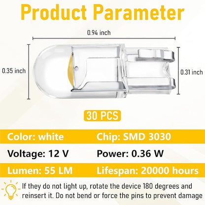 ecocstm 30 PCS Car 194 LED Bulbs, 168 2825 W5W T10 Wedge COB LED Replacement Bulb, Error Free Interior Bulb for Dashboard Light, Dome Lights (Yellow)