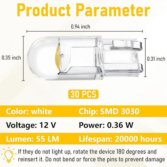ecocstm 30 PCS Car 194 LED Bulbs, 168 2825 W5W T10 Wedge COB LED Replacement Bulb, Error Free Interior Bulb for Dashboard Light, Dome Lights (Yellow)