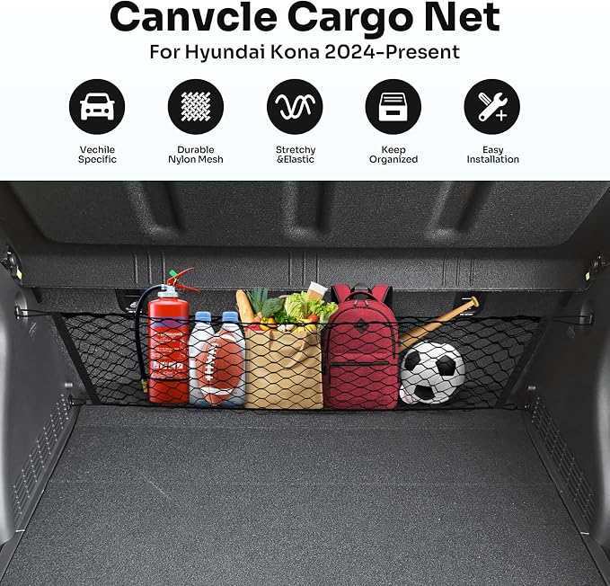 Canvcle Trunk Cargo Net for 2024-2026 Hyundai Kona Accessories Envelope Style Mesh Trunk Net Organizer and Storage Stretchable Adjustable Elastic Nylon Rear Cargo Netting with Hooks