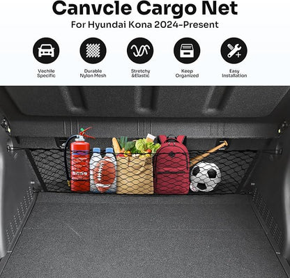 Canvcle Trunk Cargo Net for 2024-2026 Hyundai Kona Accessories Envelope Style Mesh Trunk Net Organizer and Storage Stretchable Adjustable Elastic Nylon Rear Cargo Netting with Hooks