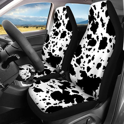 Cow Print Car Seat Covers Full Set,Rustic Spotted Milk Cow Fur Animal Skin Texture Black Cowhide Vehicle Front Rear Bench Cushion Protectors Auto Interior Accessories Universal Fit for Trucks