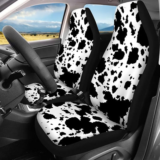 Cow Print Car Seat Covers Full Set,Rustic Spotted Milk Cow Fur Animal Skin Texture Black Cowhide Vehicle Front Rear Bench Cushion Protectors Auto Interior Accessories Universal Fit for Trucks