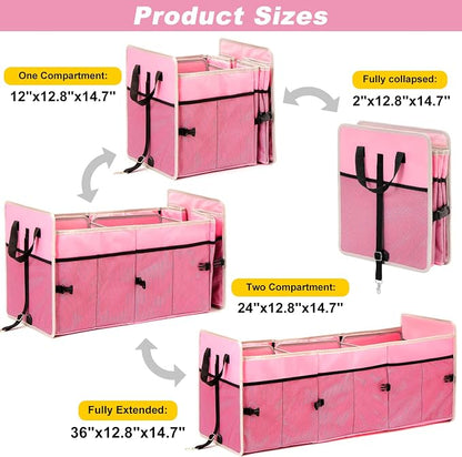 Car Trunk Organizer with Individual Cooler Bag - 3 Compartments Trunk Organizer for Car Collapsible Car Storage Organizer for SUV (Pink)