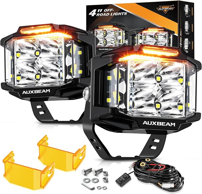 Auxbeam 4" 92W Cube LED Pod with Amber DRL, V-MAX Series Offroad Pod Lights with Side Shooter & Amber Covers, Offroad LED Cube Offroad Square Light 270°Combo Beam Auxiliary Light for Truck Jeep ATV