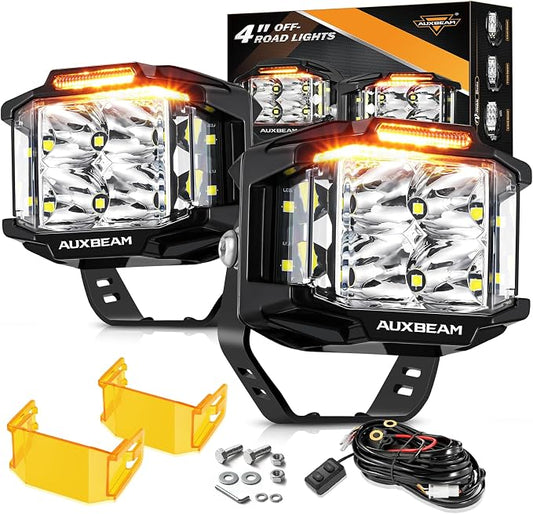 Auxbeam 4" 92W Cube LED Pod with Amber DRL, V-MAX Series Offroad Pod Lights with Side Shooter & Amber Covers, Offroad LED Cube Offroad Square Light 270°Combo Beam Auxiliary Light for Truck Jeep ATV