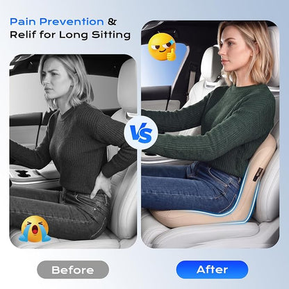 Coverado Car Seat Cushion and Lumbar Support Pillow One Piece, Napa Leather Memory Foam Ergonomic Back Support Driving Seat Cushion for Back Pain, Non-Slip Washable Cushion for Car, Driver, Office