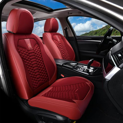 Coverado Car Seat Covers Full Set, Red Seat Covers for Cars 5 Seats, Breathable Fabric& Faux Leather Car Seat Cushions, Front and Rear Car Seat Protectors, Universal Seat Covers Fit for Most Vehicles