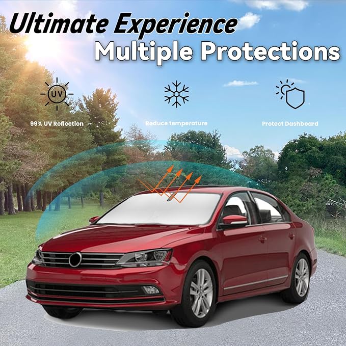 Windshield Sun Shade for VW Jetta 2011-2018, Car Front Window Sunshade with 240T Sun Visor Protector Blocks UV Rays Heat Sun Shield Accessories