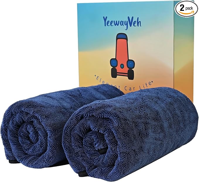 YeewayVeh 2-Pack Long-Reach Pro Car Drying Towels, 48"x32" Extra Large Super Absorbent Towels, High GSM Twisted Loop, Streak-Free Single-Sided Microfiber for Car Detailing, SUV, Truck (Dark Blue)