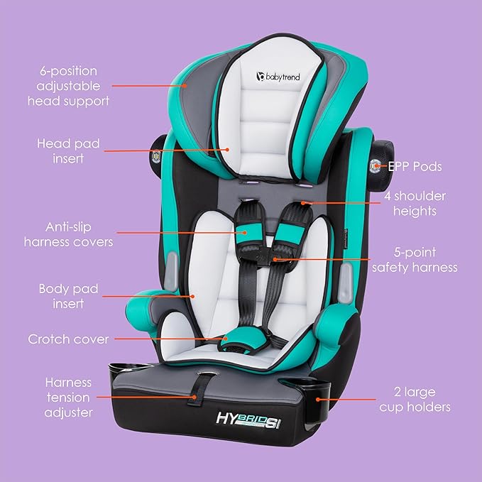 Baby Trend Hybrid SI 3-in-1 Combination Booster Seat, Hoboken Teal – Side-Impact Protection, 3-Stage Growth Design, Adjustable Headrest, Cushioned Comfort