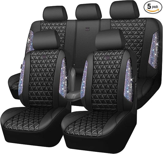 CAR PASS Bling Diamond Black Leather Car Seat Covers Full Set Interior Sets, Waterproof Shining Glitter Sparkly Crystal Armrest Fit Automotive Truck SUV Cute Women Girl, Bedazzed Iridescent Rhinestone