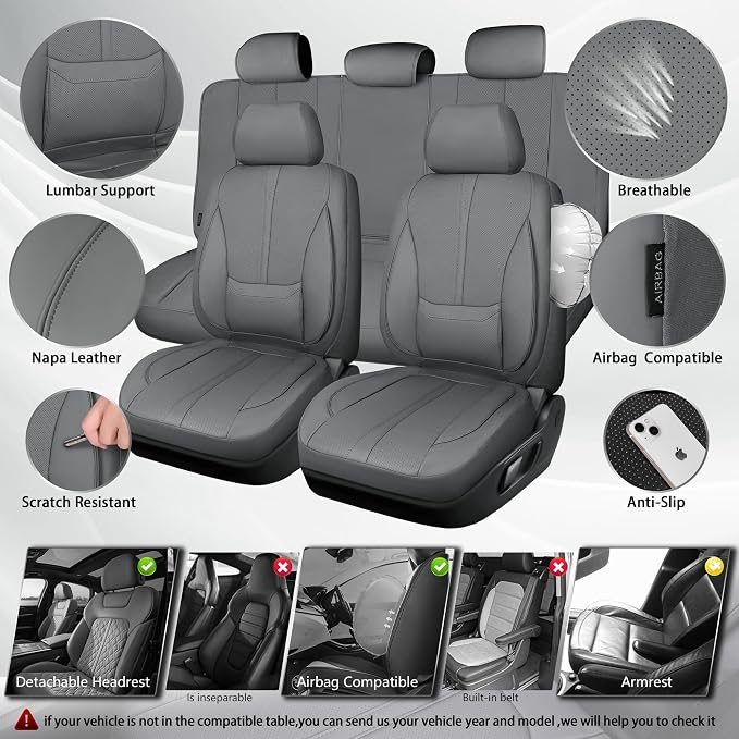 CAR PASS Nappa Leather Seat Covers Full Set, 3D Foam Faux Leather Car Seat Covers with Lumbar Support, Water Resistant Grey Seat Covers Car seat Cover Universal Fit for Cars SUV Truck Vehicles, Gray