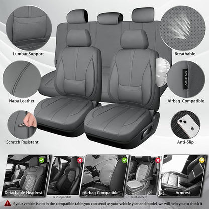 CAR PASS Nappa Leather Seat Covers Full Set, 3D Foam Faux Leather Car Seat Covers with Lumbar Support, Water Resistant Grey Seat Covers Car seat Cover Universal Fit for Cars SUV Truck Vehicles, Gray