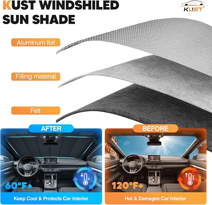 KUST Windshield Sun Shade for Honda CRV 2023-2025 2026 Foldable Thicken Window Sunshade UV Protection Keep Cool Sunshield Easy Install Sun Visor Accessories Aluminum Film