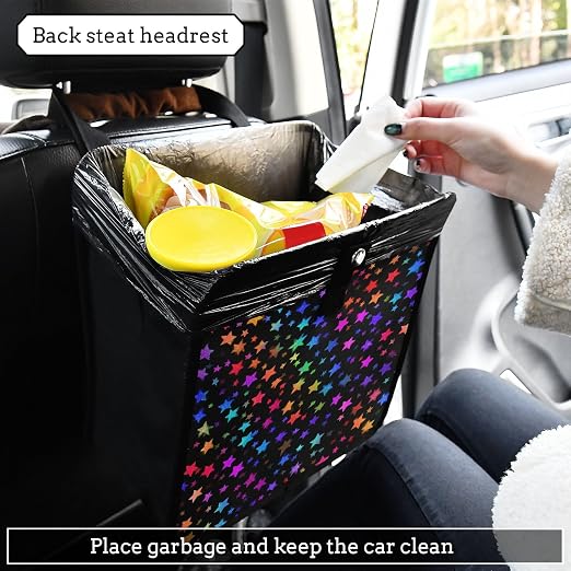 Car Trash Can Organizer Bin with Adjustable Strap for Back Front Seat Console Waterproof Leakproof Collapsible Portable 8.66 Inch Vibrant Rainbow Stars