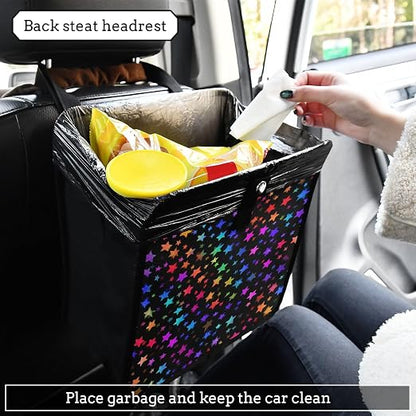 Car Trash Can Organizer Bin with Adjustable Strap for Back Front Seat Console Waterproof Leakproof Collapsible Portable 8.66 Inch Vibrant Rainbow Stars