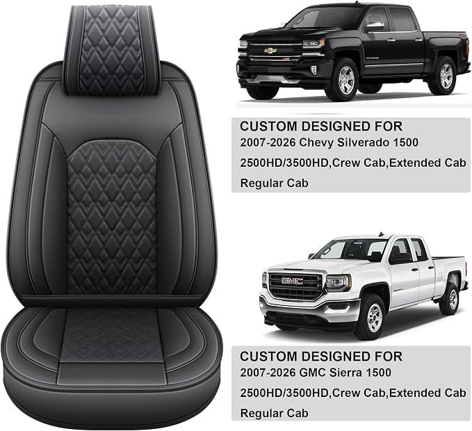 JOJOBAY Chevy Silverado Seat Covers,Leather Seat Covers for GMC Sierra,Custom Fit 2007-2026 1500 2500HD 3500HD Crew Double Extended Regular Cab,LT LZT RST Trail Boss(Full Set,Black)