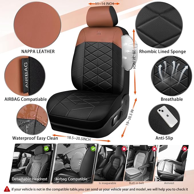 CAR PASS Memory Foam Leather Front Seat Covers, Waterproof Nappa Leather Seat Covers Front Seats Universal Fit for Cars,SUV,Truck Seat Covers Thick 3D Foam Comfortable, Airbag Compatible Black Brown