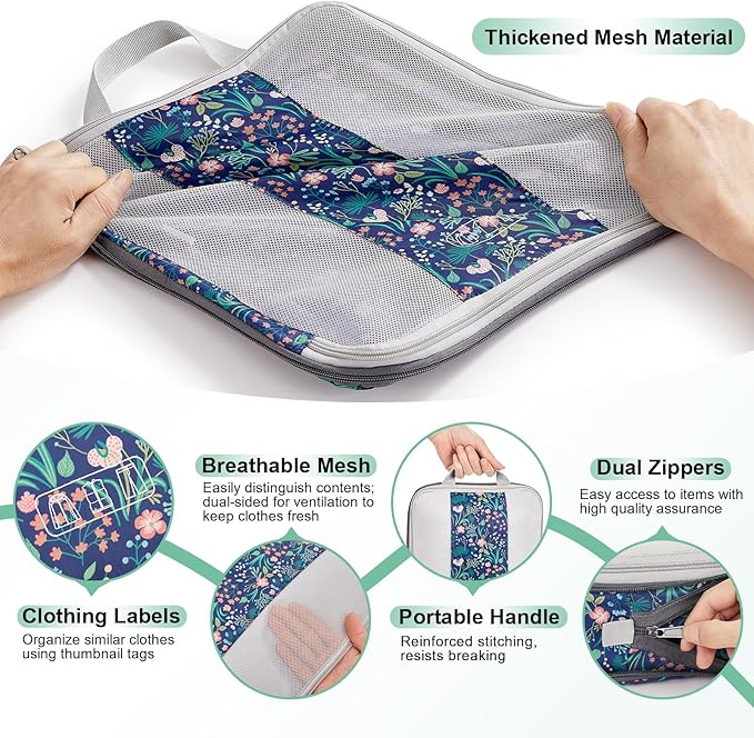 OlarHike 10-Pack Compression Packing Cubes for Travel Essentials,Compressible Expandable Storage Bags for Suitcase,Luggage Garment Bags for Travel,Handy Helper for Organizing Clothes(Dark Blue Floral)