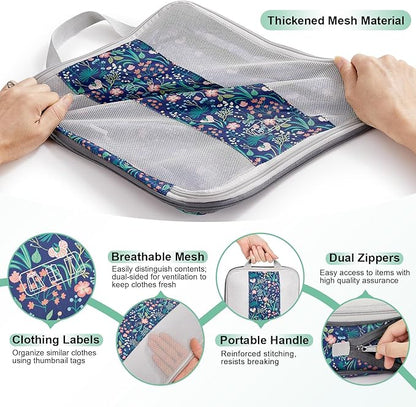 OlarHike 10-Pack Compression Packing Cubes for Travel Essentials,Compressible Expandable Storage Bags for Suitcase,Luggage Garment Bags for Travel,Handy Helper for Organizing Clothes(Dark Blue Floral)