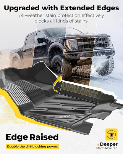 3W Floor Mats (with Metal Pedals) Fit for Ford F-150 2015-2026 & F150 Lightning 2022-2025 SuperCrew, TPE All Weather Car Mats Custom Fit Accessories (w/s Original fold Under-Seat Storage Box)