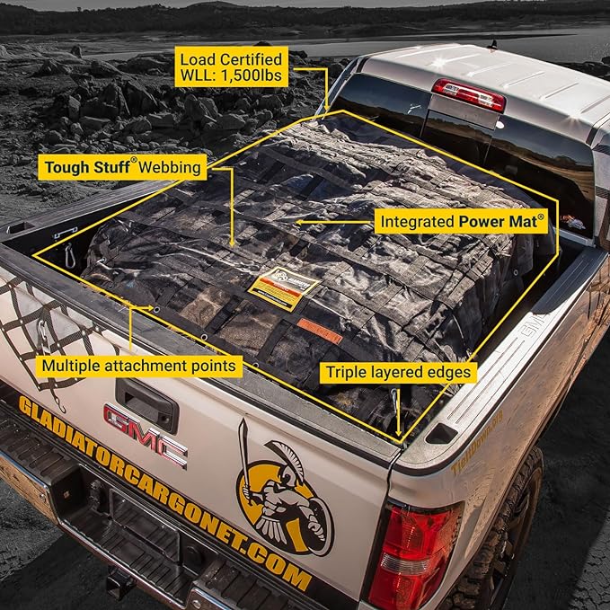 Gladiator Cargo Nets - Heavy Duty Truck Cargo Net-Trcuk Organizer-Truck Bed Cover- Large- Perfect for Trailer, Pickup, Boat, Jeep, SUV, Camping, Hunting-(WLL): 1,500 lbs (LGN-100) 8.75' x 10' ft.