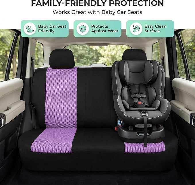 FH Group Automotive Rear Car Seat Covers for SUV, Trucks, Sedan and More - Universal Fit Rear Solid Bench Design Interior Accessories - 3D Mesh Fabric Center Panel - Purple