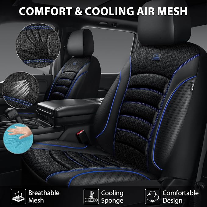 CAR PASS Comfortable 3D Foam Mesh Leather Car Seat Covers Full Sets, Air Cool Mesh Breathable Seat Covers for Car, Universal 5 Seats Fit for SUV Truck Sedan Automotive, Airbag Compatible,Black Blue