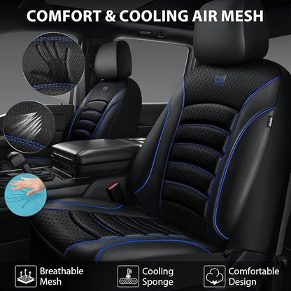CAR PASS Comfortable 3D Foam Mesh Leather Car Seat Covers Full Sets, Air Cool Mesh Breathable Seat Covers for Car, Universal 5 Seats Fit for SUV Truck Sedan Automotive, Airbag Compatible,Black Blue