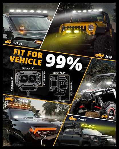Auxbeam V-MAX Series 4 Inch LED Pod Driving Lights, 72W Rectangle Side Shooter Offroad Cube Spotlights with Amber DRL, 270° Combo Beam 6 Modes White/Amber/Yellow Auxiliary Lights with Covers, Pair