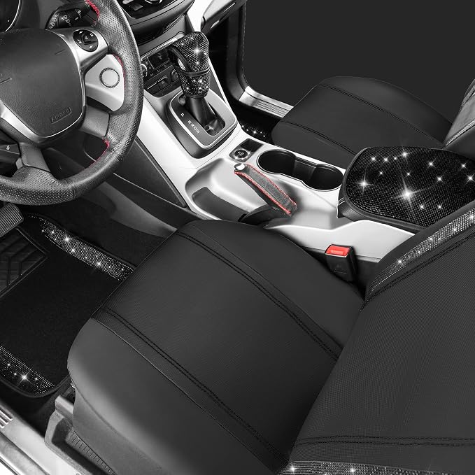 CAR PASS Bling Diamonds Car Seat Covers Front Seats Black Leather Shining Rhinestone Car Floor Mats Carpet with Anti-Slip Nibs Sparkly Glitter Crystal Car Accessories Set Universal for Girl Women