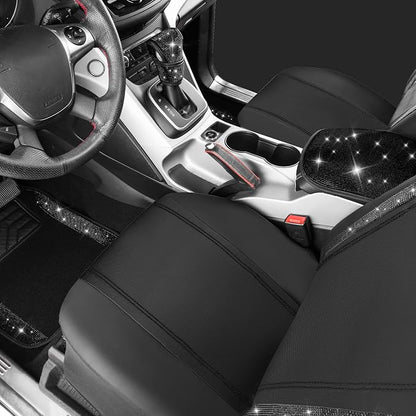 CAR PASS Bling Diamonds Car Seat Covers Front Seats Black Leather Shining Rhinestone Car Floor Mats Carpet with Anti-Slip Nibs Sparkly Glitter Crystal Car Accessories Set Universal for Girl Women