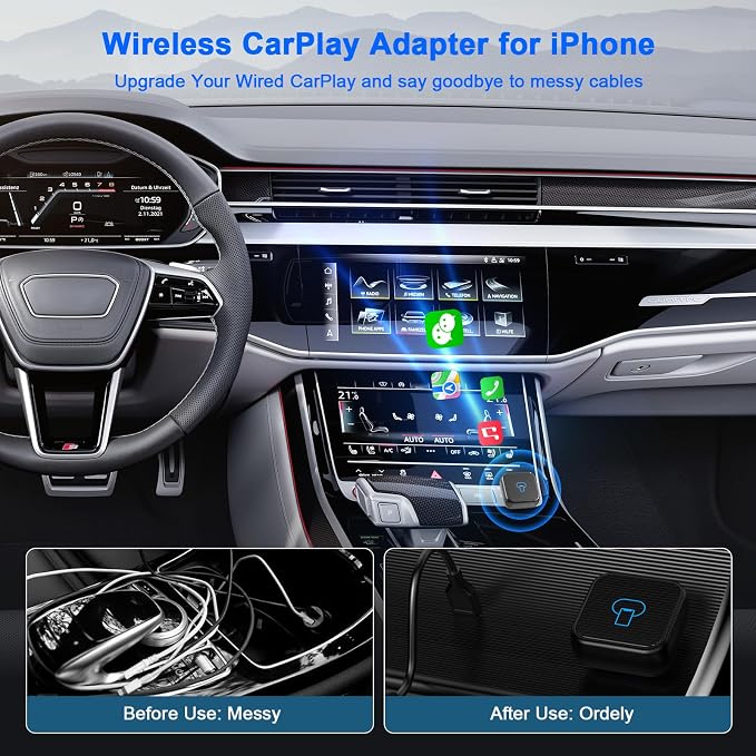 2026 Upgraded Wireless CarPlay Adapter and Android Auto Adapter,Mini Carplay Adapter Convert Wired CarPlay to Wireless,Fast Seamless Use Supports 1000+ Car's with Built-in Wired Car Play/Android Auto